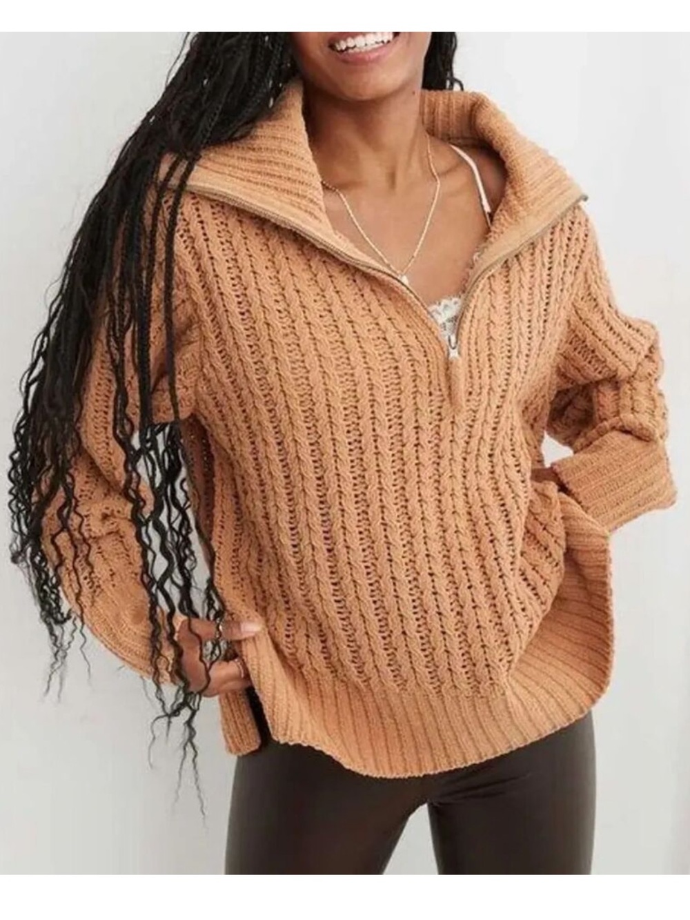 Aerie size L Cozy Half-Zip Cable Car Cable Knit Quarter Zip Sweater camel brown
